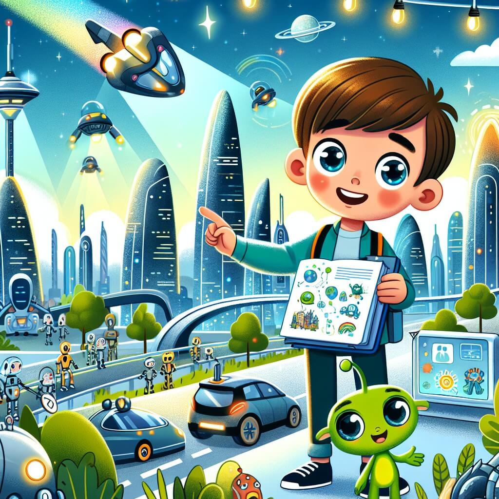 Une illustration destinée aux enfants représentant un jeune garçon curieux, vivant dans une ville du futur remplie de voitures volantes, de robots et de gratte-ciels scintillants, qui fait la rencontre d'un adorable alien vert nommé Zippo, et qui décide de l'aider à sauver la planète en sensibilisant les habitants de sa ville à l'importance de protéger l'environnement.