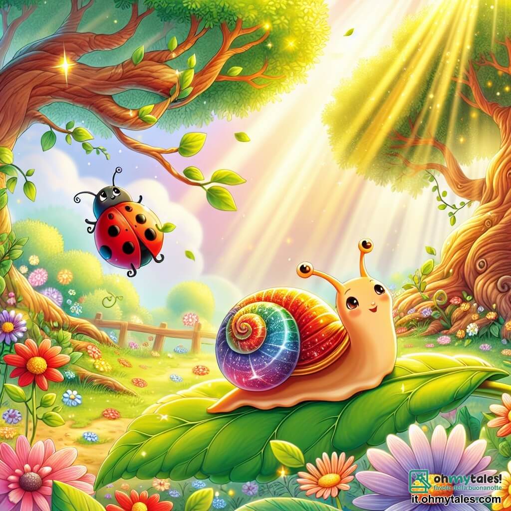 Illustrazione che rappresenta un giardino incantato, pieno di fiori colorati dai petali brillanti, di alberi maestosi con tronchi nodosi e di una dolce luce dorata che filtra tra le foglie. Al centro, una piccola lumaca con un guscio scintillante dai mille colori, che si muove lentamente su una foglia verde, con i suoi occhi curiosi che scrutano l'ambiente. Accanto a lei, una coccinella rossa con puntini neri, dalle ali delicate, che fluttua gioiosamente nell'aria, mostrando un'espressione di preoccupazione ma anche di speranza. La scena cattura il momento in cui la lumaca e la coccinella si preparano a partire alla ricerca di un prezioso cristallo perduto, circondati da fiori danzanti e da un'atmosfera magica. Raggi di sole illuminano il giardino, aggiungendo un tocco di calore e magia a questa avventura amichevole.