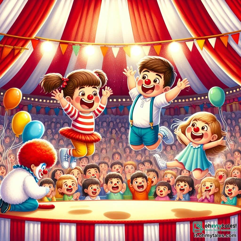 Une illustration sous forme de dessin destinée aux enfants représentant l'intérieur d'un cirque coloré avec un grand chapiteau à rayures rouges et blanches, où un groupe de trois enfants de 3 ans, deux garçons aux cheveux bruns et une fille aux cheveux blonds, s'amusent sur scène en faisant des sauts et des pirouettes, tandis qu'un clown aux cheveux ébouriffés et au nez rouge les aide à se relever après une chute comique, le tout entouré de spectateurs émerveillés applaudissant et de ballons flottants dans les airs.