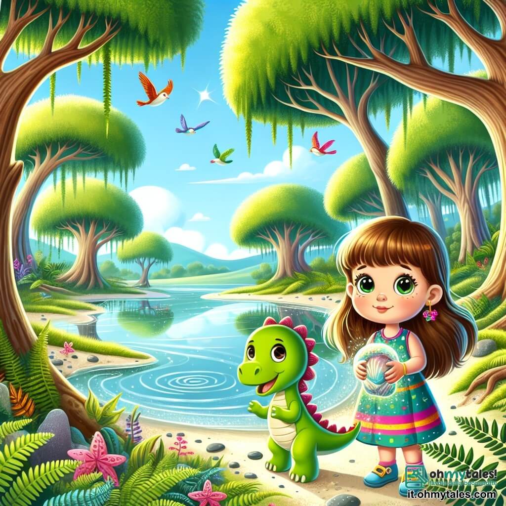 Illustrazione che rappresenta una foresta preistorica lussureggiante, con alberi giganti dai tronchi spessi e foglie verdeggianti che filtrano la luce del sole, creando ombre danzanti sul terreno coperto di felci. Al centro della scena, una bambina di quattro anni, con lunghi capelli castani e occhi brillanti di curiosità, indossa un vestito colorato e tiene una conchiglia scintillante tra le mani. Accanto a lei, un piccolo dinosauro verde, con grandi occhi rotondi e un sorriso amichevole, si erge sulle zampe posteriori, pronto a mostrare alla bambina le meraviglie del suo mondo. Si trovano vicino a un lago cristallino, dove l'acqua riflette il cielo blu e le nuvole bianche. La scena trasmette un'atmosfera di meraviglia e avventura, con uccelli che volano sopra e farfalle colorate che svolazzano intorno a loro, simboleggiando la magia del viaggio nel tempo.