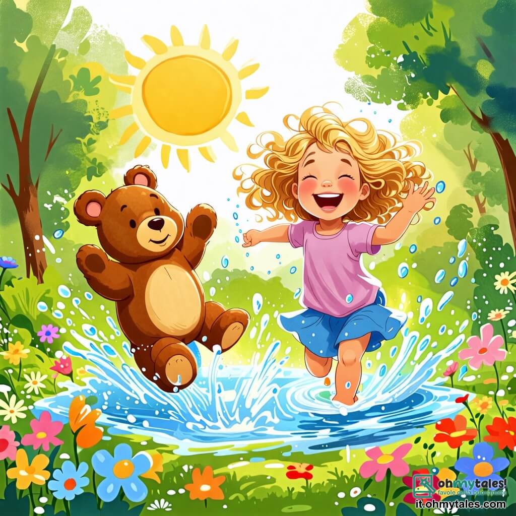Une illustration sous forme de dessin destinée aux enfants représentant un jardin ensoleillé rempli de fleurs colorées et d'arbres verdoyants, avec une petite fille de 2 ans aux cheveux bouclés et blonds, riant aux éclats en sautant dans une grande pozzangera, tandis qu'à ses côtés, un ours en peluche marron avec un sourire joyeux semble également sauter, éclaboussant de l'eau autour d'eux, capturant l'instant amusant où ils s'amusent ensemble, entourés de gouttelettes scintillantes sous le soleil.