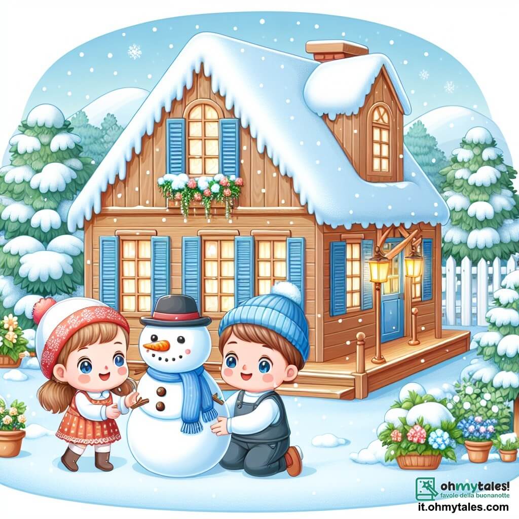 Une illustration destinée aux enfants représentant une petite fille jouant dans la neige avec son ami garçon, en train de construire un pupazzo di neve dans le jardin enneigé d'une charmante maison en bois aux volets bleus.
