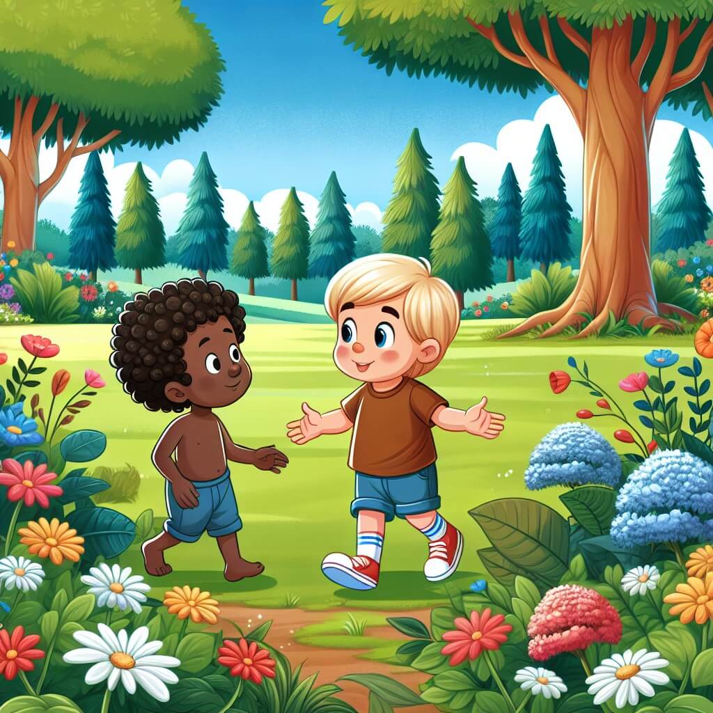 Une illustration destinée aux enfants représentant un jeune garçon curieux et plein de vie, découvrant un nouvel ami aux cheveux bouclés et à la peau sombre, dans un parc entouré d'arbres majestueux et de fleurs colorées.
