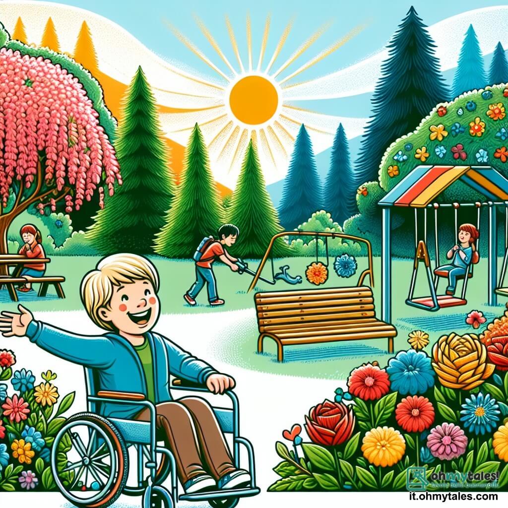 Une illustration destinée aux enfants représentant un garçon joyeux et curieux, un jardin de fleurs colorées et parfumées, et un ami en chaise roulante, se déroulant dans un parc ensoleillé aux arbres majestueux et aux balançoires colorées.