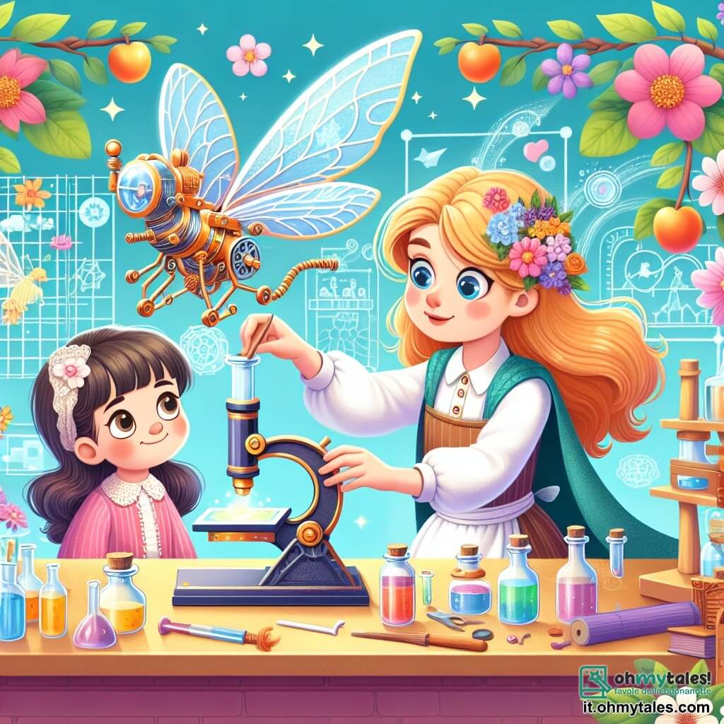 Une illustration destinée aux enfants représentant une jeune inventrice brillante en train de créer une machine volante avec l'aide d'une fillette curieuse, dans un laboratoire coloré et magique entouré de fleurs et d'arbres fruitiers.