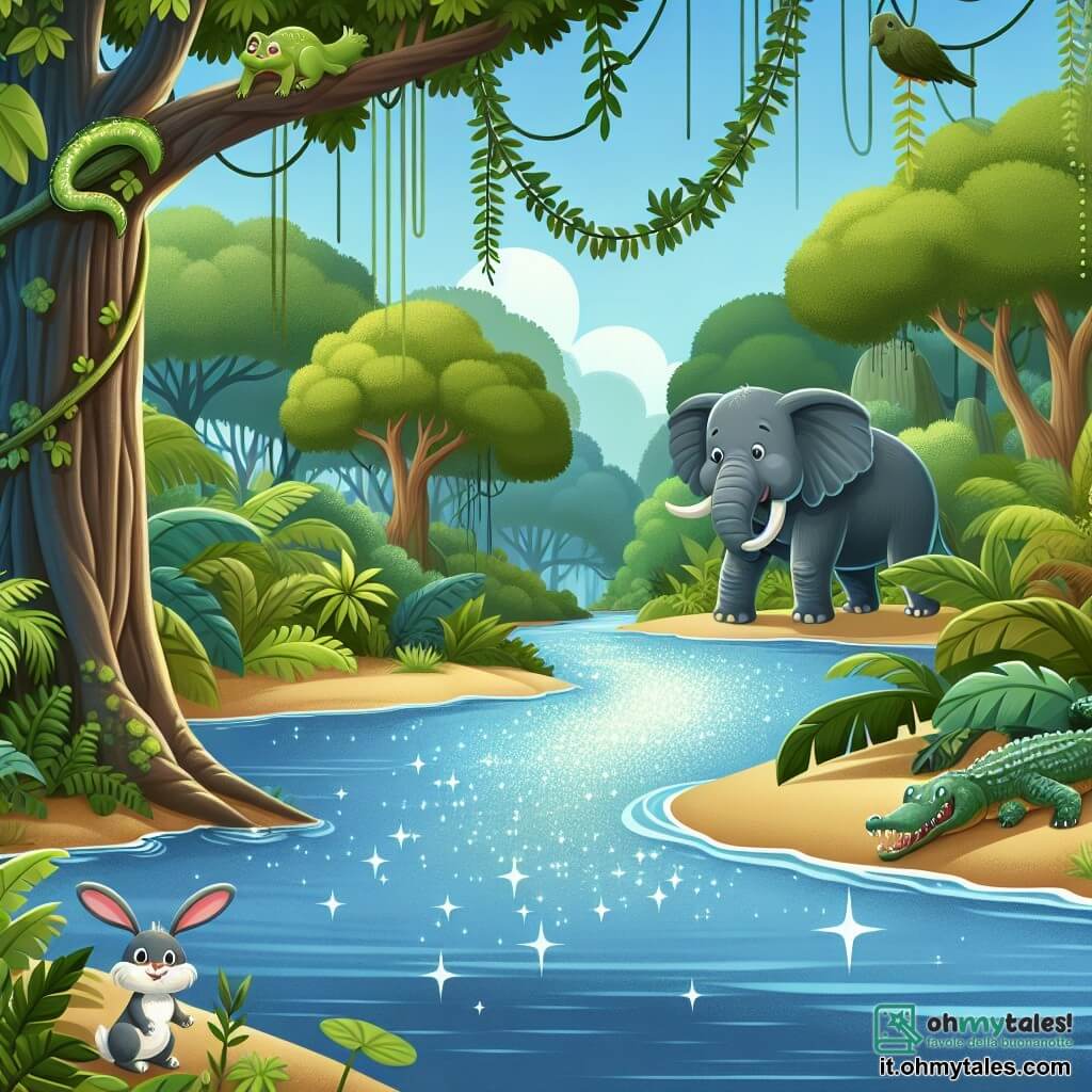 Une illustration destinée aux enfants représentant un éléphant curieux, accompagné d'un petit lapin, explorant une forêt tropicale luxuriante jusqu'à atteindre un vaste fleuve scintillant, entouré d'arbres majestueux et de lianes suspendues, où se cachent de dangereux crocodiles.