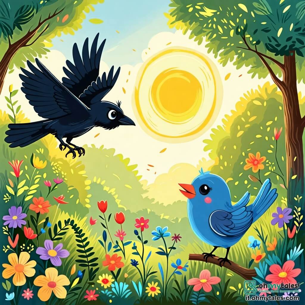Une illustration sous forme de dessin destinée aux enfants représentant une clairière verdoyante au cœur d'un grand bosco, où un corbeau noir aux plumes brillantes, avec un regard curieux, vole joyeusement au-dessus d'un petit oisillon bleu aux ailes frêles, assis sur une branche, qui regarde le corbeau avec des yeux pleins d'espoir, alors que le corbeau lui montre comment battre des ailes pour apprendre à voler, entourés de fleurs colorées et d'arbres majestueux sous un ciel ensoleillé.