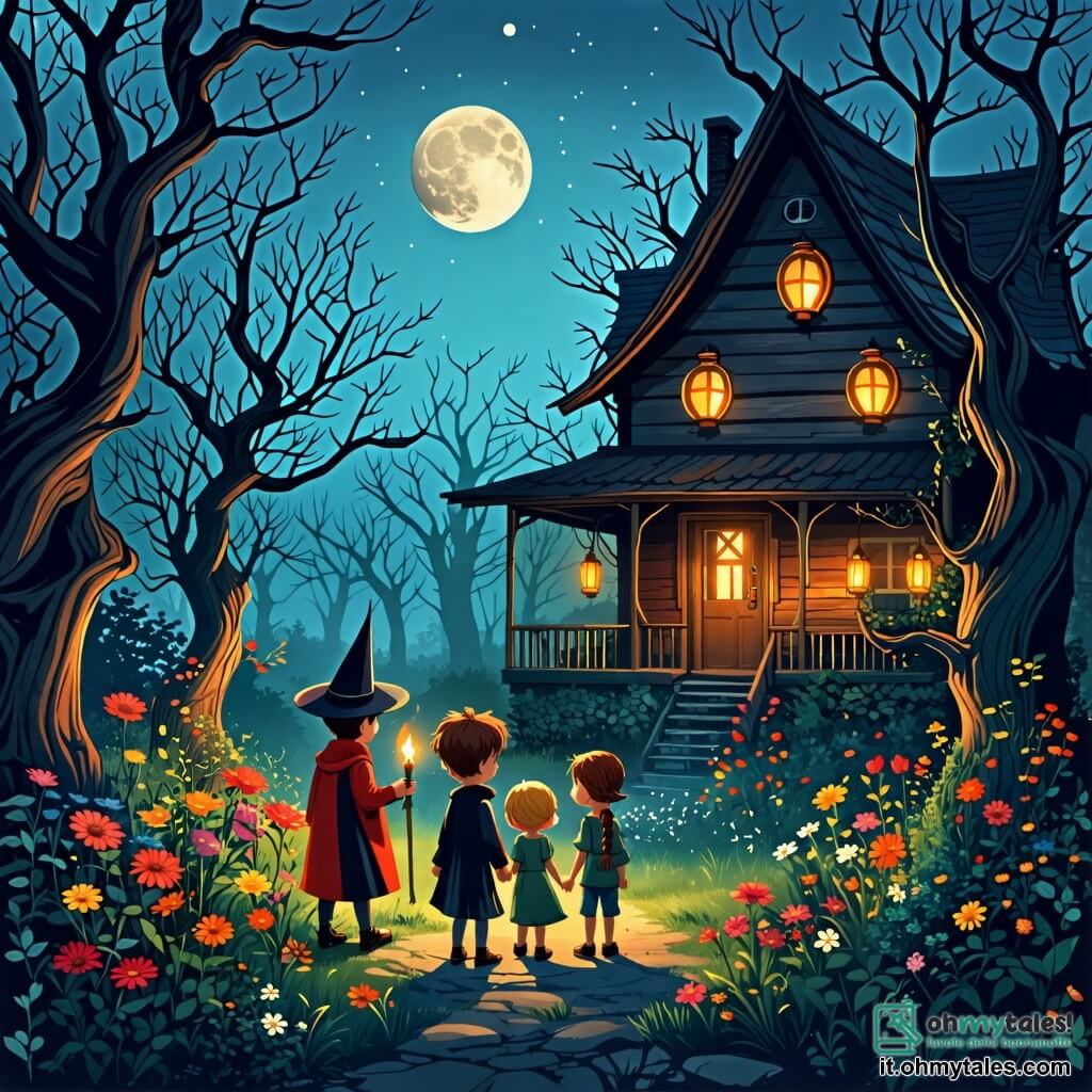 Illustrazione che rappresenta un giardino sterile e misterioso, pieno di grandi alberi dalle fronde contorte e fiori dai colori vivaci che sembrano brillare sotto la luce della luna. Al centro, una vecchia casa di legno con finestre a forma di occhi e un tetto spiovente, circondata da rovi e lanterne scintillanti. In questa scena, quattro bambini si tengono insieme: un ragazzo di sei anni con capelli castani arruffati, vestito da mago in nero con un mantello rosso e un cappello a punta, che tiene una torcia accesa. Accanto a lui, una ragazza di sei anni con capelli biondi intrecciati, indossando un vestito da strega verde con un cappello a cono, sorride con eccitazione. Un altro ragazzo di sei anni, con occhiali e capelli castani, vestito da vampiro con un mantello nero, guarda intorno a sé con curiosità. Infine, una ragazza di sei anni con capelli ricci e un vestito da fantasma bianco, alza le braccia al cielo, pronta per l'avventura. La scena principale mostra i bambini, uniti dal loro coraggio, pronti a entrare nel giardino misterioso per scoprire i segreti che racchiude. Ombre danzano intorno a loro e risate risuonano nell'aria, mentre stelle scintillano sopra, aggiungendo un tocco magico all'atmosfera di Halloween. Zucche sorridenti e ragnatele decorano il giardino, rafforzando lo spirito festivo della notte.