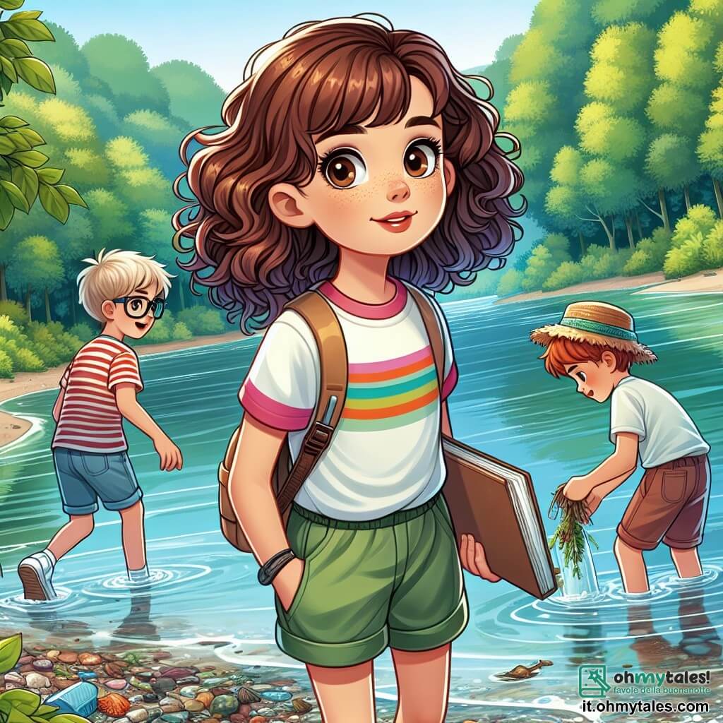 Une illustration sous forme de dessin destinée aux enfants représentant un lac scintillant entouré de forêts verdoyantes, où une fille de 11 ans aux cheveux châtains et bouclés, vêtue d'un t-shirt coloré et de shorts, observe avec curiosité l'eau peu profonde tout en tenant un carnet de notes, tandis qu'à ses côtés, deux garçons de son âge, l'un avec des lunettes et un t-shirt à rayures, et l'autre avec un chapeau de paille, ramassent des déchets sur le rivage, illustrant leur engagement à protéger l'environnement et à sensibiliser les autres sur les effets du changement climatique.