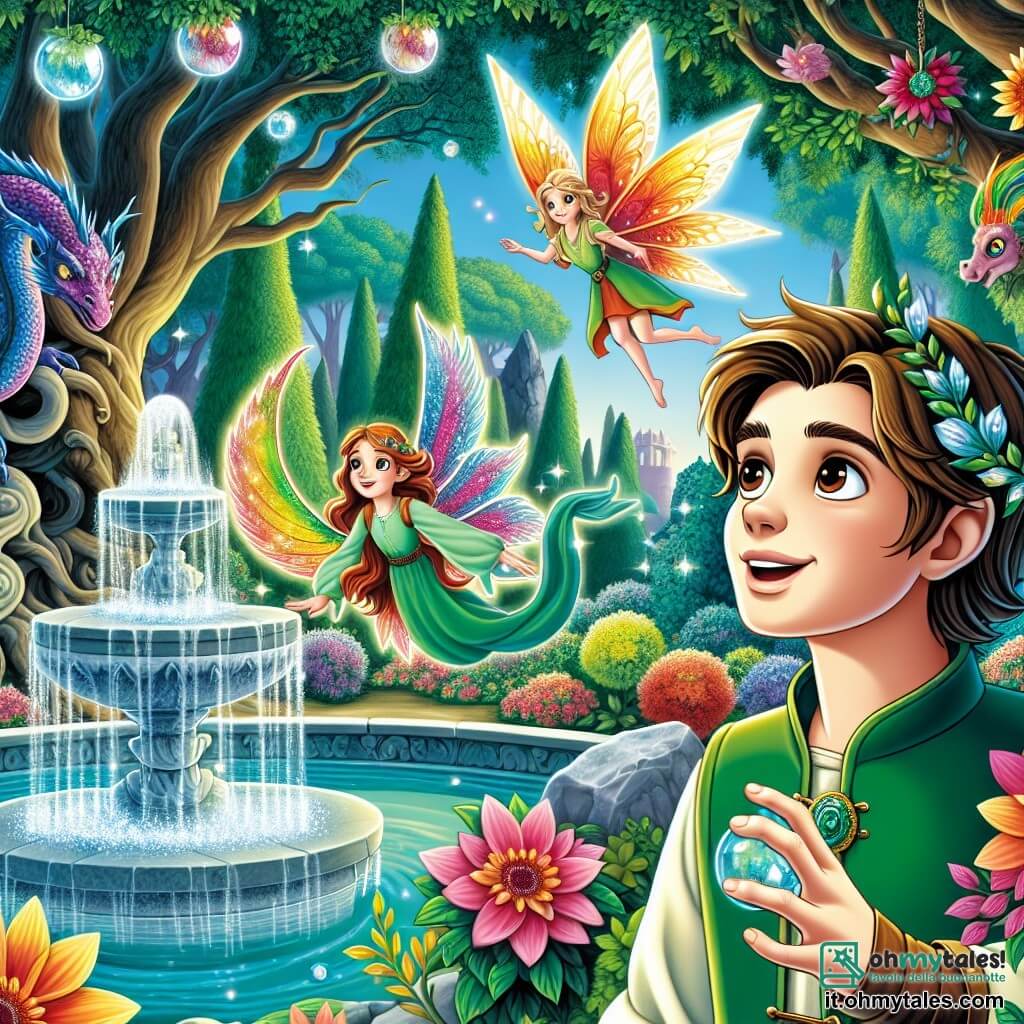 Une illustration sous forme de dessin destinée aux enfants représentant un jardin secret enchanteur, rempli de fleurs colorées et d'arbres majestueux, où un jeune homme aux cheveux bruns et aux yeux pétillants, vêtu d'une tunique verte, se tient près d'une fontaine de marbre scintillante, contemplant avec émerveillement les reflets magiques de son voyage, tandis qu'une petite fée aux ailes iridescentes, flottant à ses côtés, lui sourit avec bienveillance, et un drago coloré aux écailles brillantes observe la scène avec curiosité, tous ensemble prêts à affronter l'ombre menaçante qui plane sur leur royaume.