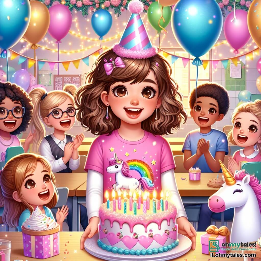 Une illustration sous forme de dessin destinée aux enfants représentant une salle de classe colorée, décorée de ballons et de guirlandes pour un anniversaire, avec une fille de 12 ans aux cheveux bruns et bouclés, portant un t-shirt rose avec des licornes, souriant joyeusement tout en tenant une grande part de gâteau, entourée de ses camarades de classe, dont un garçon aux cheveux blonds et une fille aux cheveux noirs, tous deux riant et applaudissant, tandis qu'une maîtresse bienveillante, avec des lunettes et un sourire chaleureux, observe la scène avec fierté, capturant l'instant magique d'une fête d'anniversaire pleine de joie et d'amitié.