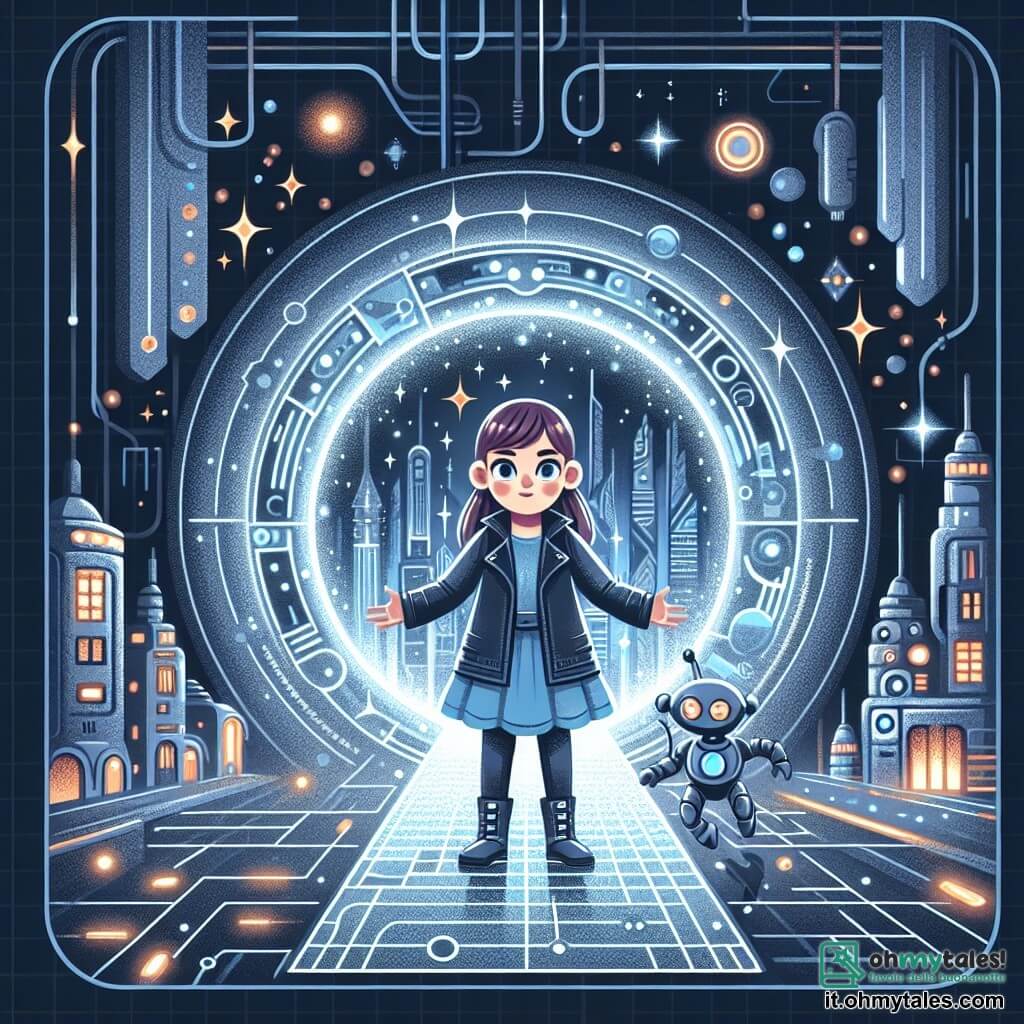 Une illustration destinée aux enfants représentant une jeune fille intrépide se tenant devant un portail magique, accompagnée d'un robot futuriste, dans une cité technologique aux tours scintillantes et aux rues illuminées par des lumières au néon.