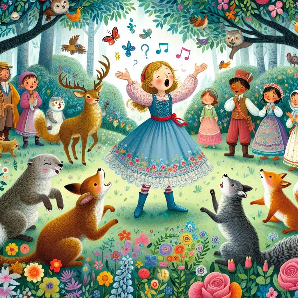 Une illustration destinée aux enfants représentant une jeune fille émerveillée le jour de son anniversaire, entourée d'animaux parlants et de créatures fantastiques, dans un jardin enchanté rempli de fleurs colorées et d'arbres dansants.