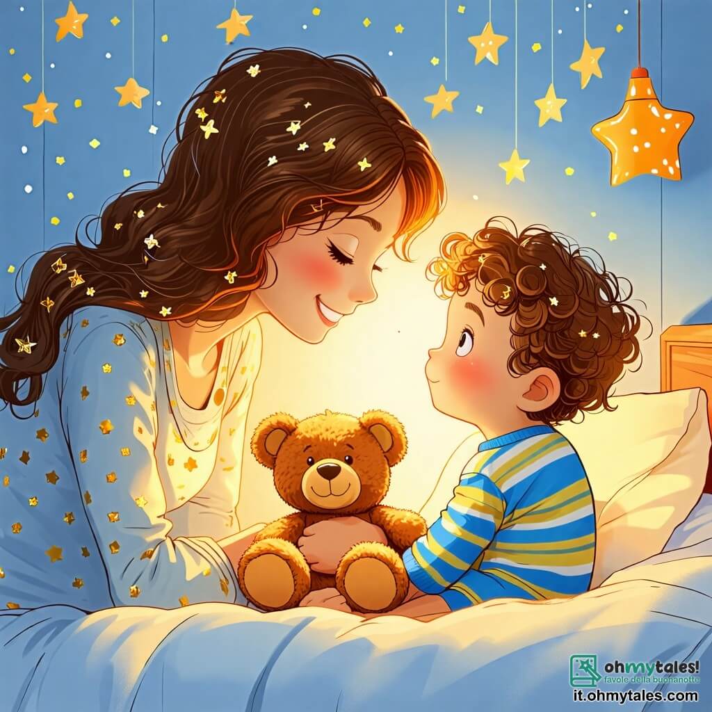 Une illustration sous forme de dessin destinée aux enfants représentant une chambre chaleureuse et accueillante, avec des murs peints en bleu clair et des étoiles dorées scintillant au plafond, où un petit garçon de 2 ans aux cheveux bouclés et aux yeux brillants, vêtu d'un pyjama rayé, serre un ours en peluche contre lui tout en regardant avec curiosité la lumière douce d'une lampe de chevet, tandis qu'une maman bienveillante aux cheveux longs et bruns, souriante et rassurante, se penche vers lui pour lui murmurer des mots apaisants, illustrant ainsi le moment où le petit garçon surmonte sa peur du noir grâce à l'amour et à la chaleur de sa maman.
