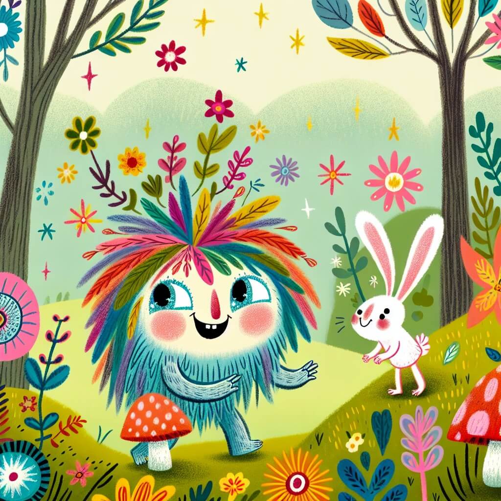 Une illustration destinée aux enfants représentant une créature rigolote, avec des cheveux colorés et des yeux pétillants, qui rencontre un petit lapin enjoué dans une forêt enchantée remplie de fleurs lumineuses et de champignons magiques.