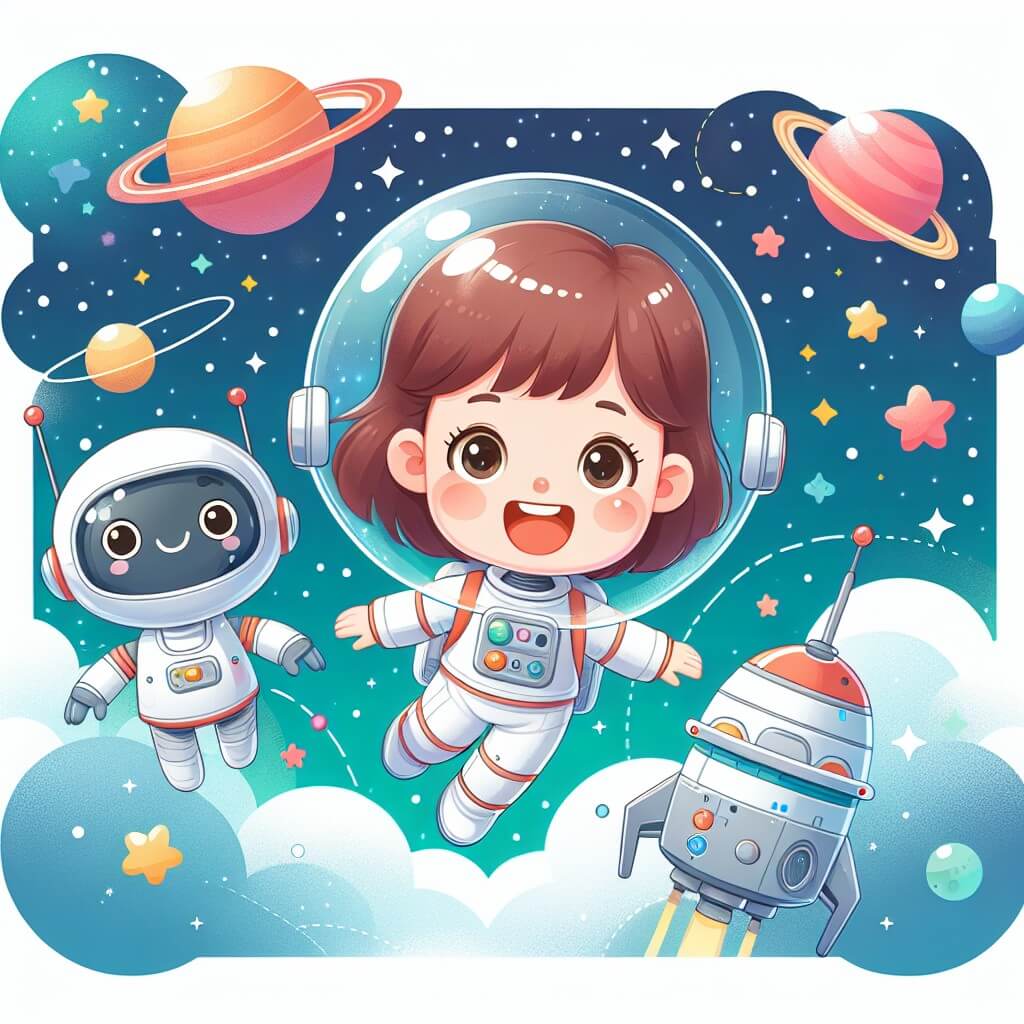 Une illustration destinée aux enfants représentant une jeune astronaute passionnée, flottant dans l'espace avec un sourire radieux, accompagnée d'un adorable robot compagnon, sur fond d'un ciel étoilé parsemé de planètes colorées et d'une station spatiale futuriste.