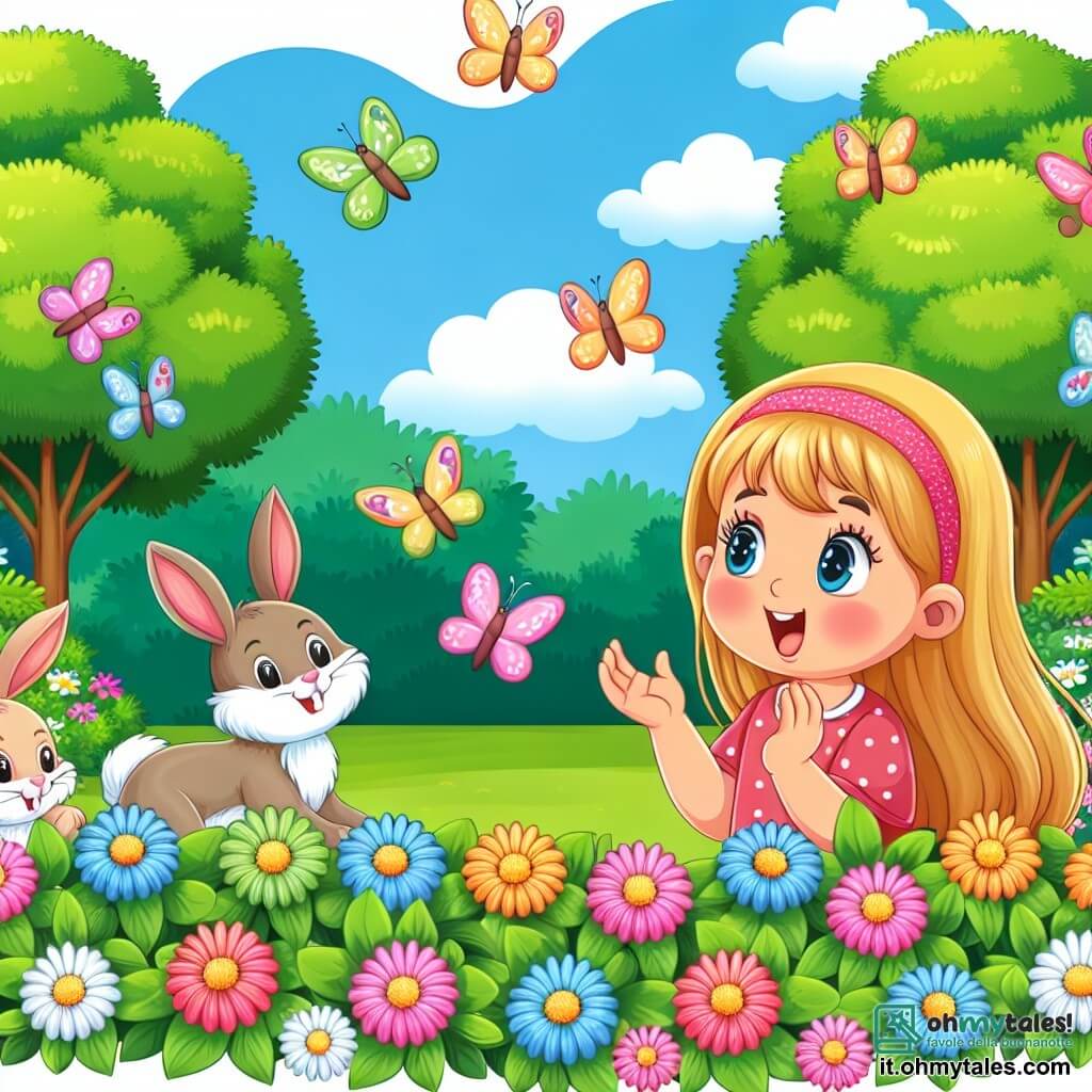 Une illustration destinée aux enfants représentant une fille émerveillée par la nature printanière, entourée de coniglietti joueurs, dans un jardin fleuri aux couleurs éclatantes et aux arbres verdoyants.