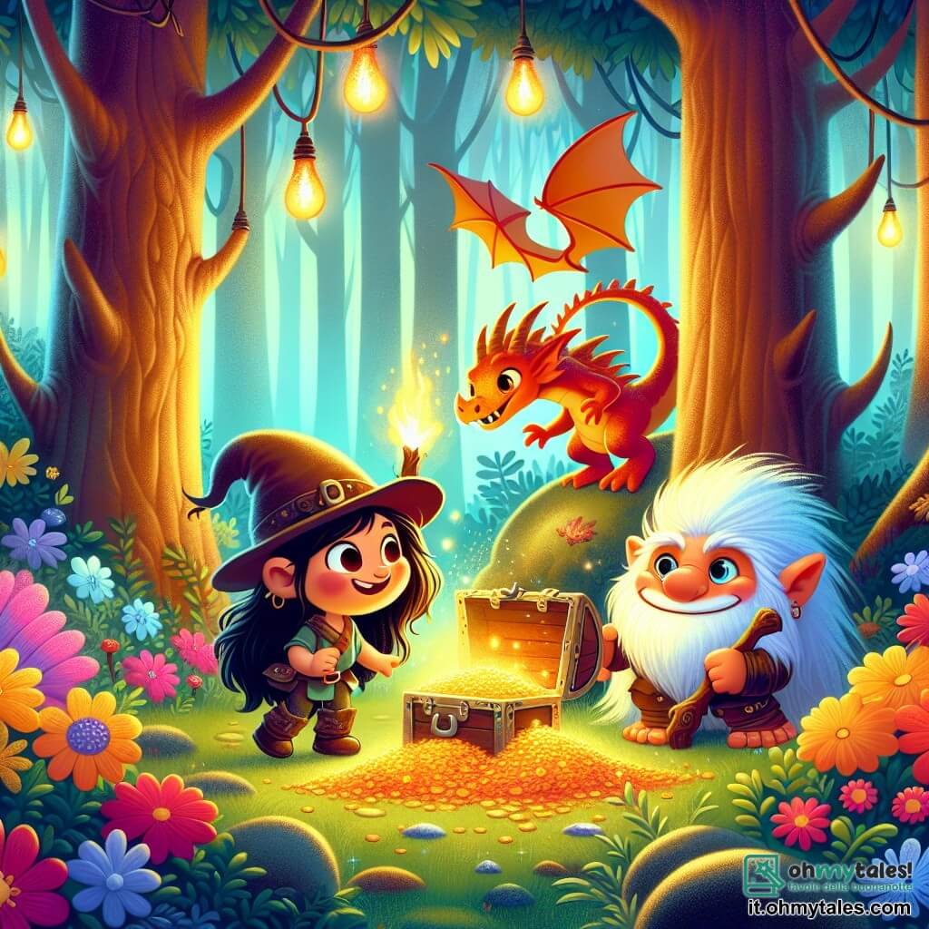 Une illustration destinée aux enfants représentant un petit troll rigolo, une fille, découvrant un trésor caché avec l'aide d'un dragon joueur, dans une forêt enchantée aux arbres lumineux et aux fleurs colorées.
