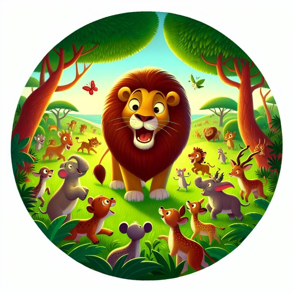 Une illustration destinée aux enfants représentant un majestueux lion, se trouvant au cœur d'une savane africaine luxuriante, découvrant avec surprise une bande d'animaux joyeux et espiègles qui l'entraînent dans des aventures amusantes.