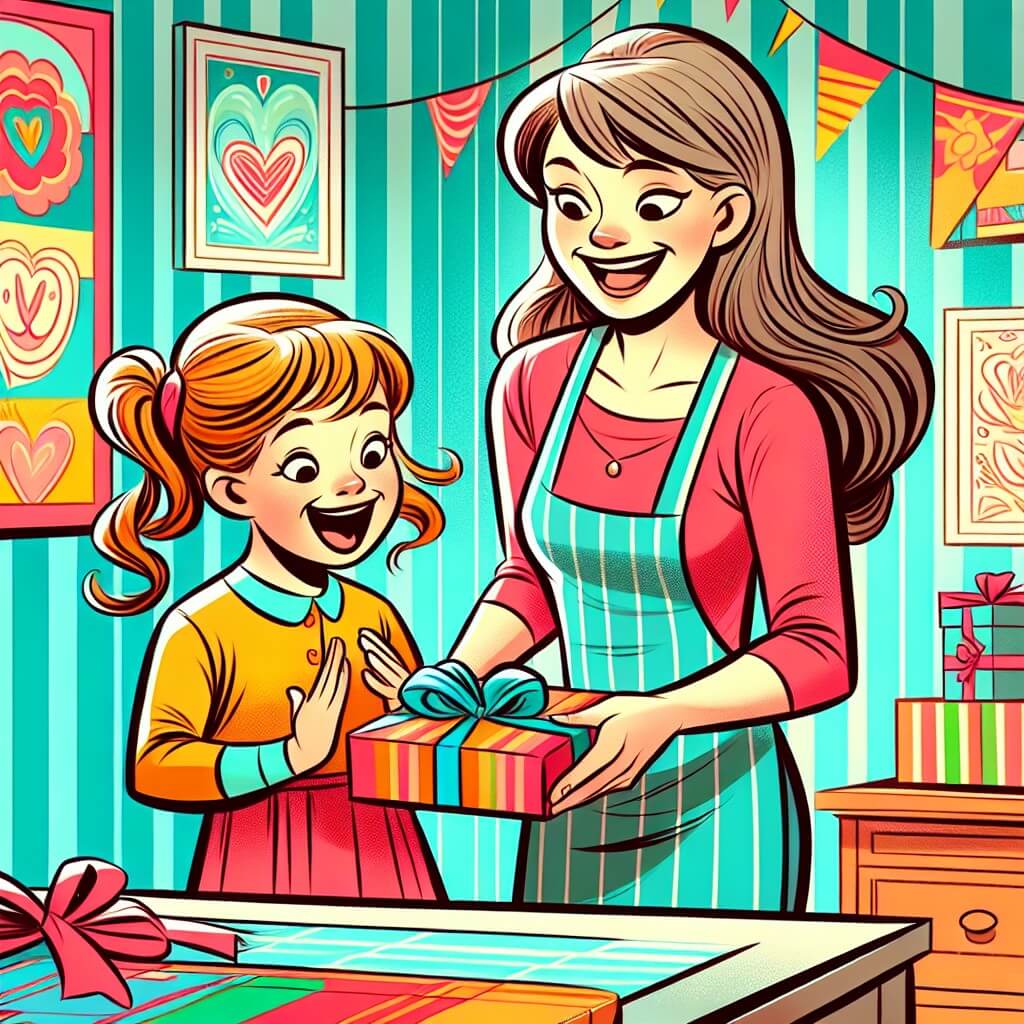 Une illustration destinée aux enfants représentant une petite fille pleine d'enthousiasme, préparant une surprise pour son papa, avec l'aide bienveillante de sa maman, dans une chambre remplie de couleurs et de dessins joyeux.