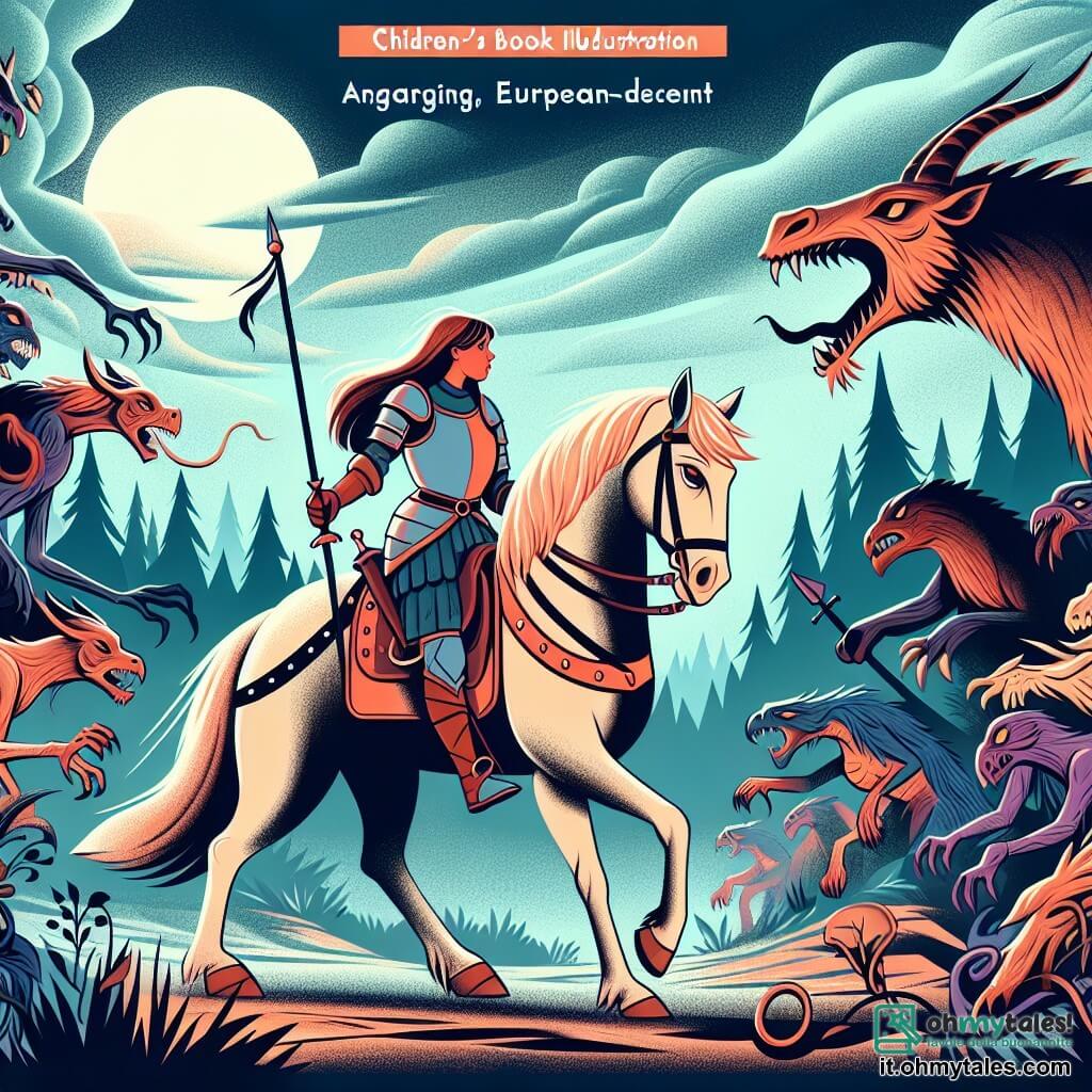 Une illustration destinée aux enfants représentant une chevalière intrépide, accompagnée de son fidèle destrier, affrontant des créatures maléfiques dans une lande désolée et mystérieuse.