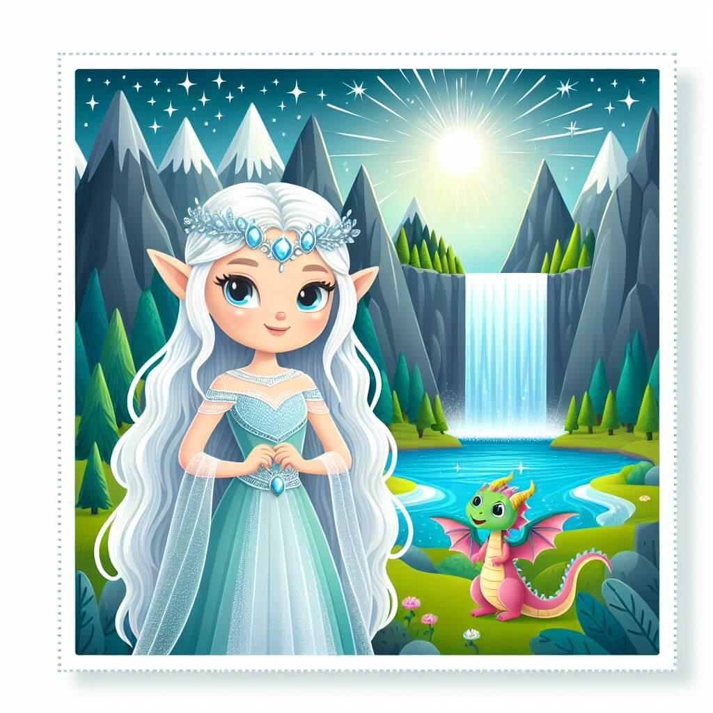 Une illustration destinée aux enfants représentant une élégante elfe aux longs cheveux argentés, se tenant devant une majestueuse cascade enchantée, accompagnée d'un petit dragon joueur, dans la vallée enchantée de Lumière Étincelante.