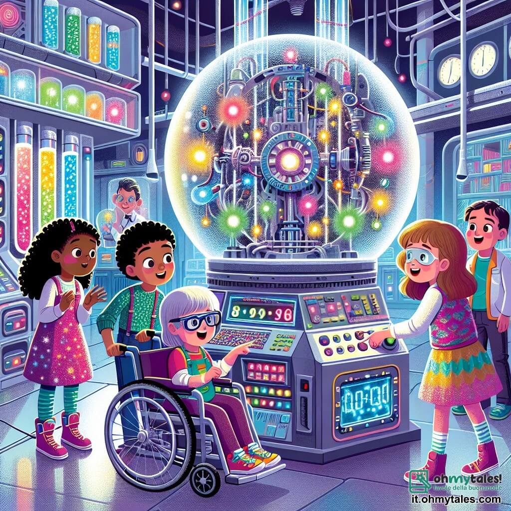 Illustrazione che rappresenta un laboratorio futuristico nella città di Luce, con muri di vetro scintillanti e macchine colorate che brillano sotto una luce soffusa. Al centro, un grande dispositivo a forma di sfera, pieno di luci lampeggianti, attira l'attenzione. Ci sono quattro personaggi principali: una ragazza dai capelli lunghi e ricci, di circa 8 anni, che indossa un vestito colorato e occhiali protettivi, guarda con meraviglia il dispositivo. Accanto a lei, un'altra ragazza, anch'essa di 8 anni, con capelli lisci e una gonna scintillante, sorride e indica una macchina strana. Un ragazzo di 9 anni, con occhi brillanti e una maglietta a fantasia, si china per premere un pulsante sul dispositivo, mentre un'altra ragazza in sedia a rotelle, di circa 8 anni, con capelli corti e un sorriso radioso, osserva con entusiasmo. La scena principale mostra i bambini che esplorano il laboratorio, pieni di curiosità ed eccitazione, pronti a testare la macchina del tempo. Sullo sfondo, scaffali pieni di libri colorati e oggetti misteriosi, mentre robot amichevoli fluttuano attorno, aggiungendo un tocco di magia a questa scena futuristica.