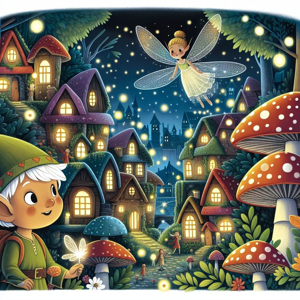Une illustration destinée aux enfants représentant un jeune elfe curieux se retrouvant dans une aventure extraordinaire aux côtés d'une fée étincelante, dans un magnifique village elfique fait de maisons en forme de champignons et de rues illuminées par des lucciole.