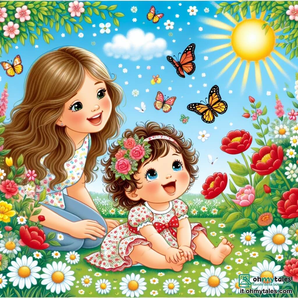 Une illustration sous forme de dessin destinée aux enfants représentant un jardin printanier lumineux, rempli de fleurs colorées comme des marguerites blanches, des roses rouges et des tulipans jaunes, où une petite fille de 1 an aux cheveux bouclés et aux yeux pétillants, vêtue d'une robe à fleurs, s'agenouille pour admirer une farfalle qui vole autour d'elle, tandis qu'une maman souriante, aux cheveux longs et bruns, l'observe avec tendresse, le soleil brillant au-dessus et des oiseaux chantant dans les arbres, créant une atmosphère joyeuse et pleine de vie.