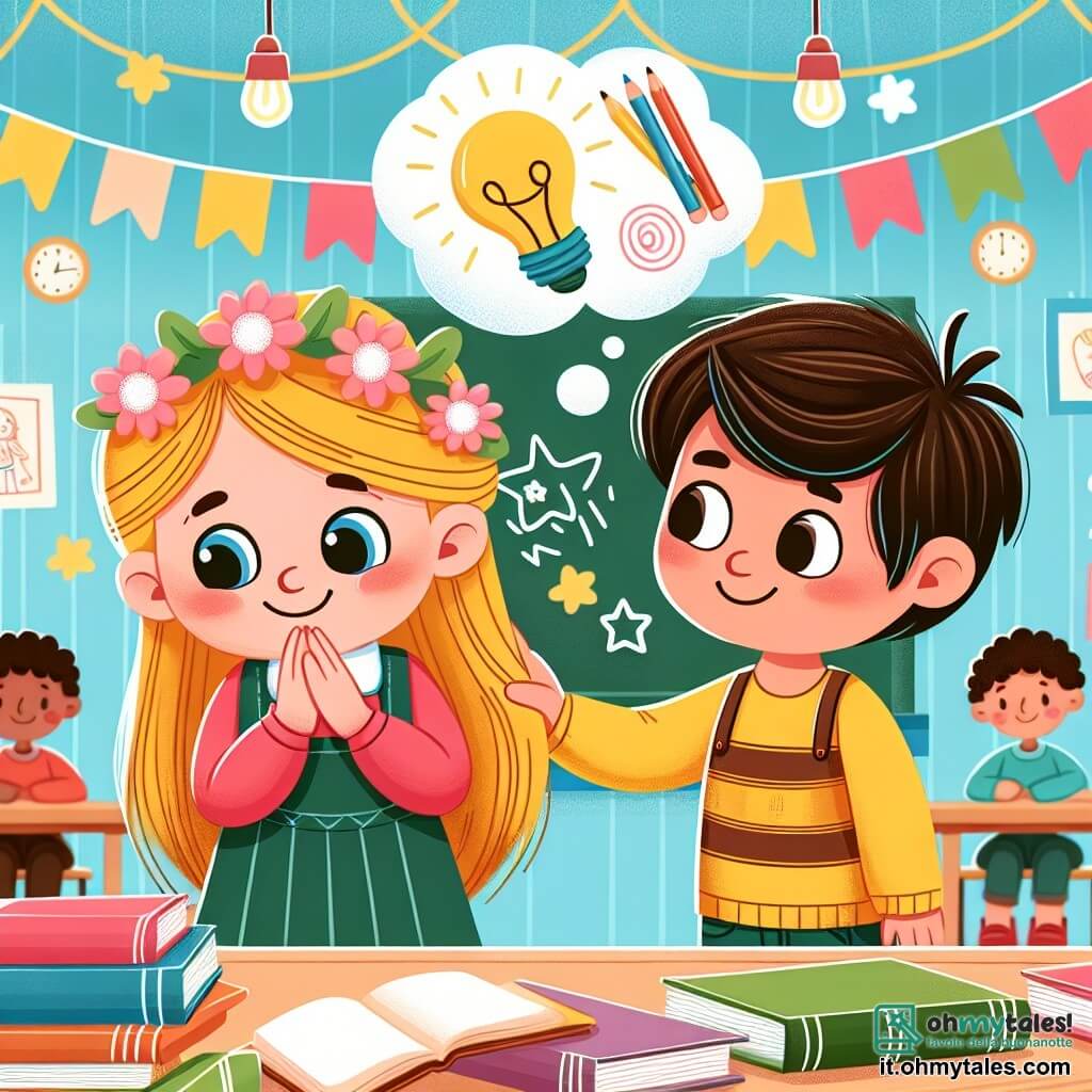 Une illustration destinée aux enfants représentant une jeune fille timide surmontant ses peurs avec l'aide d'un camarade de classe bienveillant, dans une salle de classe lumineuse et colorée remplie de livres et de dessins joyeux.