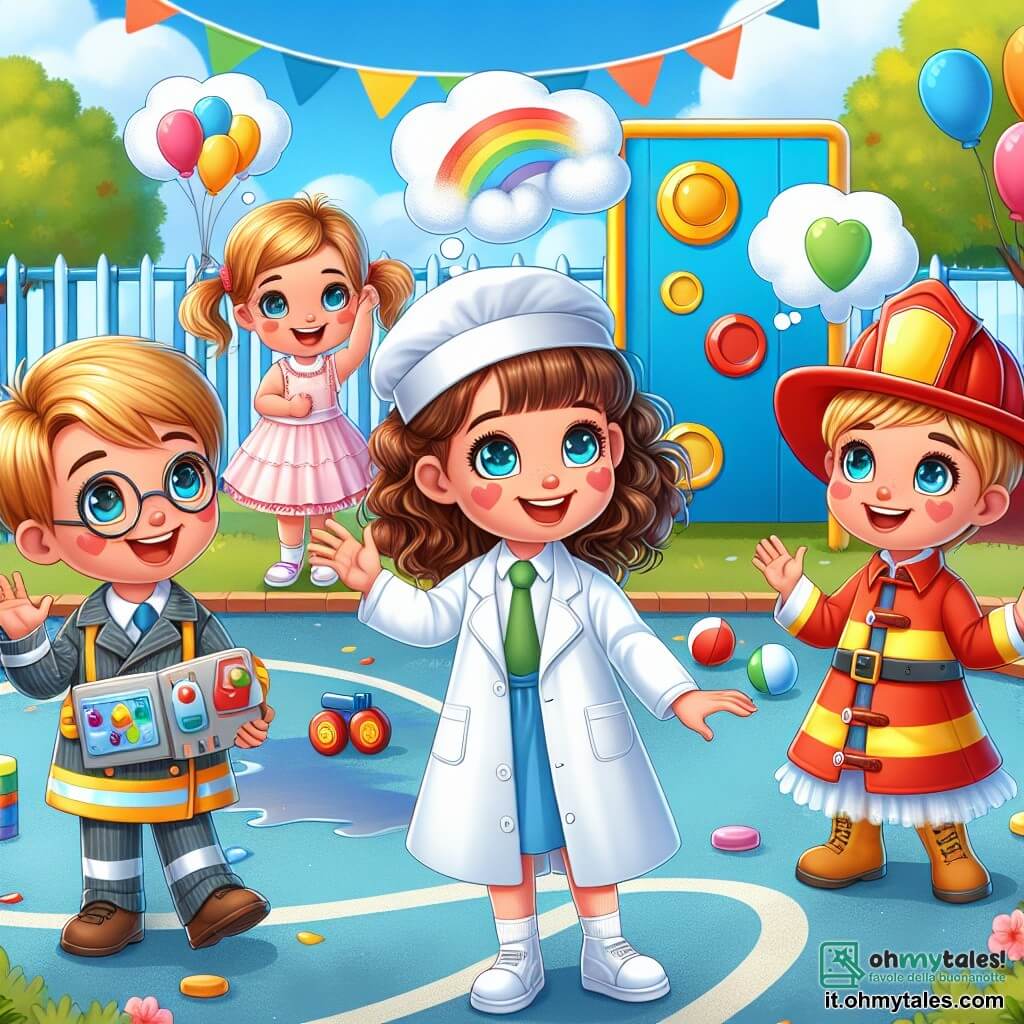 Illustrazione che rappresenta una scena gioiosa in un cortile scolastico colorato, con muri dipinti di blu e giallo, alberi verdi e giochi per bambini sullo sfondo. Al centro, una ragazza di cinque anni, con capelli ricci castani e occhi brillanti, indossa un camice bianco e un berretto da scienziato, sorridente e mostrando un kit di esperimenti. Accanto a lei, un ragazzo di cinque anni, con capelli biondi e un grande sorriso, è vestito da pompiere con un casco rosso, sollevando un braccio in segno di incoraggiamento. Un altro ragazzo, anch'esso di cinque anni, ha una gamba leggermente diversa e indossa un costume da ballerino, unendosi agli altri con un'aria determinata. La scena mostra i bambini che giocano insieme, celebrando l'uguaglianza di genere, con fumetti colorati che esprimono i loro sogni e la loro amicizia. Palloncini colorati fluttuano nell'aria, aggiungendo un tocco festoso a questa atmosfera di inclusione e gioia.