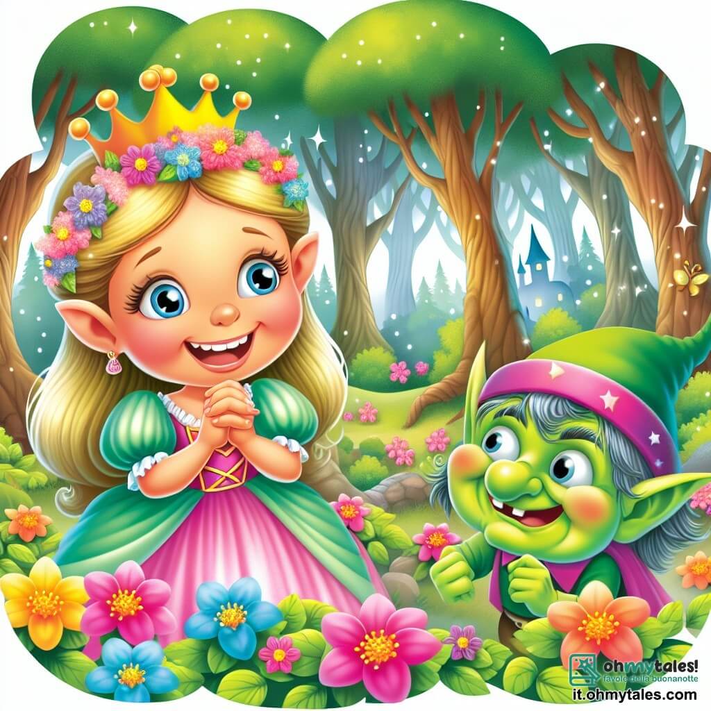 Une illustration destinée aux enfants représentant une princesse au sourire radieux, se retrouvant dans une situation hilarante en compagnie d'un farfadet espiègle, dans une forêt enchantée aux arbres majestueux et aux fleurs éclatantes de couleurs.