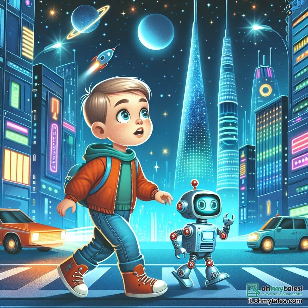 Une illustration destinée aux enfants représentant un petit garçon curieux et aventureux, accompagné de son robot parlant, explorant une ville futuriste scintillante de néons et de gratte-ciels brillants.