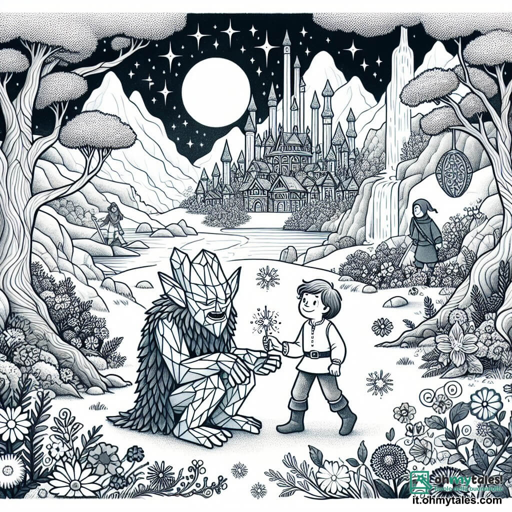 Une illustration destinée aux enfants représentant un troll de cristal, aidé par un jeune garçon courageux, dans un village magique entouré de cascades scintillantes, de sentiers fleuris et d'arbres ancestraux.