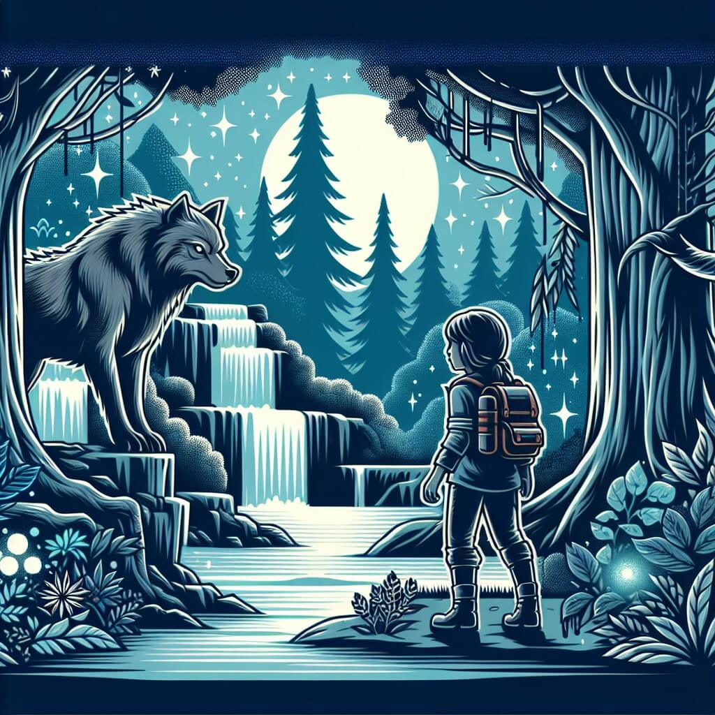 Une illustration destinée aux enfants représentant un loup-garou mystérieux, se tenant au bord d'une cascade scintillante, accompagné d'une jeune exploratrice, dans une forêt enchantée remplie d'arbres majestueux et de fleurs lumineuses.