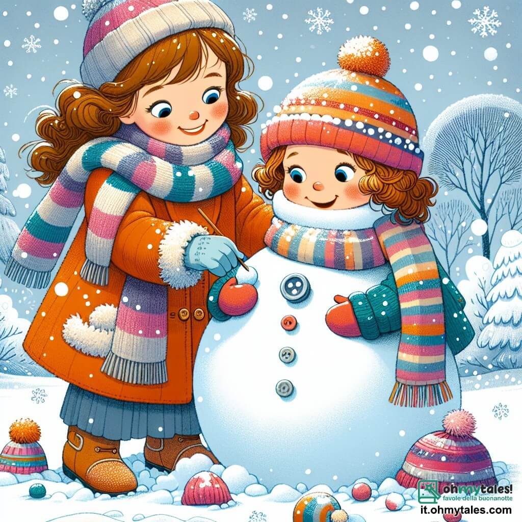Une illustration sous forme de dessin destinée aux enfants représentant un paysage hivernal féerique avec des flocons de neige tombant doucement, où une petite fille de 3 ans aux cheveux bouclés et aux joues roses, vêtue d'une veste colorée et d'une écharpe rayée, rit en construisant un grand bonhomme de neige avec un chapeau en laine et des boutons en pierre, tandis qu'à côté d'elle, sa maman, une femme souriante aux cheveux châtains, l'encourage et l'aide à ajouter des détails au bonhomme, créant une atmosphère joyeuse et chaleureuse de complicité familiale dans un décor de neige étincelante.