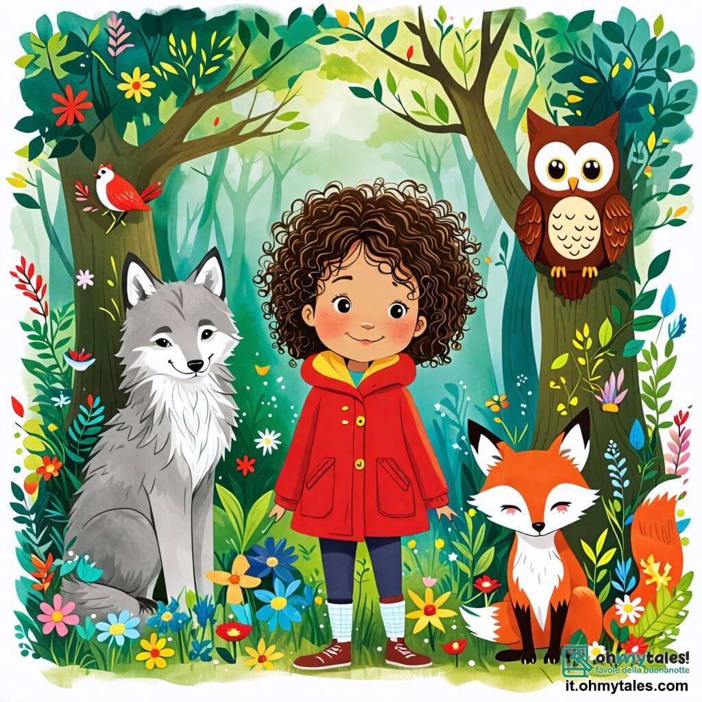 Une illustration sous forme de dessin destinée aux enfants représentant une forêt enchantée, avec des arbres majestueux aux feuilles vertes éclatantes et des fleurs colorées éparpillées sur le sol, où une petite fille aux cheveux bouclés et au manteau rouge vif, souriante et déterminée, se tient au centre, entourée d'un loup majestueux au pelage gris, d'une volpe malicieuse aux yeux pétillants et d'un sage hibou perché sur une branche, tous unis dans une mission pour sauver leur habitat menacé par des actions humaines, illustrant ainsi l'esprit de camaraderie et de protection de la nature.