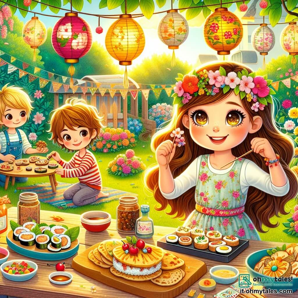 Illustrazione che rappresenta un giardino soleggiato, pieno di fiori colorati e di verde lussureggiante. Al centro, un grande tavolo in legno è imbandito con piatti vari provenienti da diverse culture, come sushi, empanadas e crepes. Il personaggio principale è una ragazza di 11 anni, con lunghi capelli castani ondulati e occhi brillanti di curiosità. Indossa un vestito leggero a fiori e sorride gioiosamente, tenendo una lanterna di carta decorata con fiori di ciliegio, pronta ad accenderla per la festa. Intorno a lei, ci sono diversi bambini: un ragazzo di 10 anni, con capelli biondi arruffati e una maglietta a righe, che si dedica a preparare sushi con un grande sorriso; una ragazza di 9 anni, con capelli corti e ricci, che decora empanadas con ripieni colorati, concentrata. La scena principale mostra una festa di amicizia all'aperto, dove i bambini si divertono a cucinare insieme e a condividere i loro piatti. Ghirlande colorate sventolano nel vento, e risate risuonano nell'aria, creando un'atmosfera gioiosa e festosa. Farfalle danzano intorno ai fiori, aggiungendo un tocco di magia a questa bella giornata estiva.
