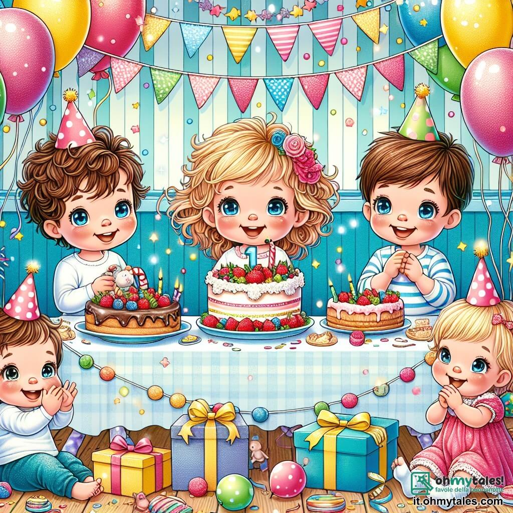 Une illustration sous forme de dessin destinée aux enfants représentant une joyeuse fête d'anniversaire dans une salle colorée décorée de ballons et de guirlandes, avec un groupe de trois enfants de 1 an : un garçon aux cheveux bouclés et aux yeux pétillants qui sourit en tenant une part de gâteau, une fille aux cheveux blonds et aux yeux bleus qui rit en jouant avec un ballon, et un autre garçon aux cheveux bruns qui applaudit avec enthousiasme, tandis qu'une grande table remplie de douceurs et de cadeaux scintillants se trouve en arrière-plan, créant une atmosphère festive et pleine de joie.