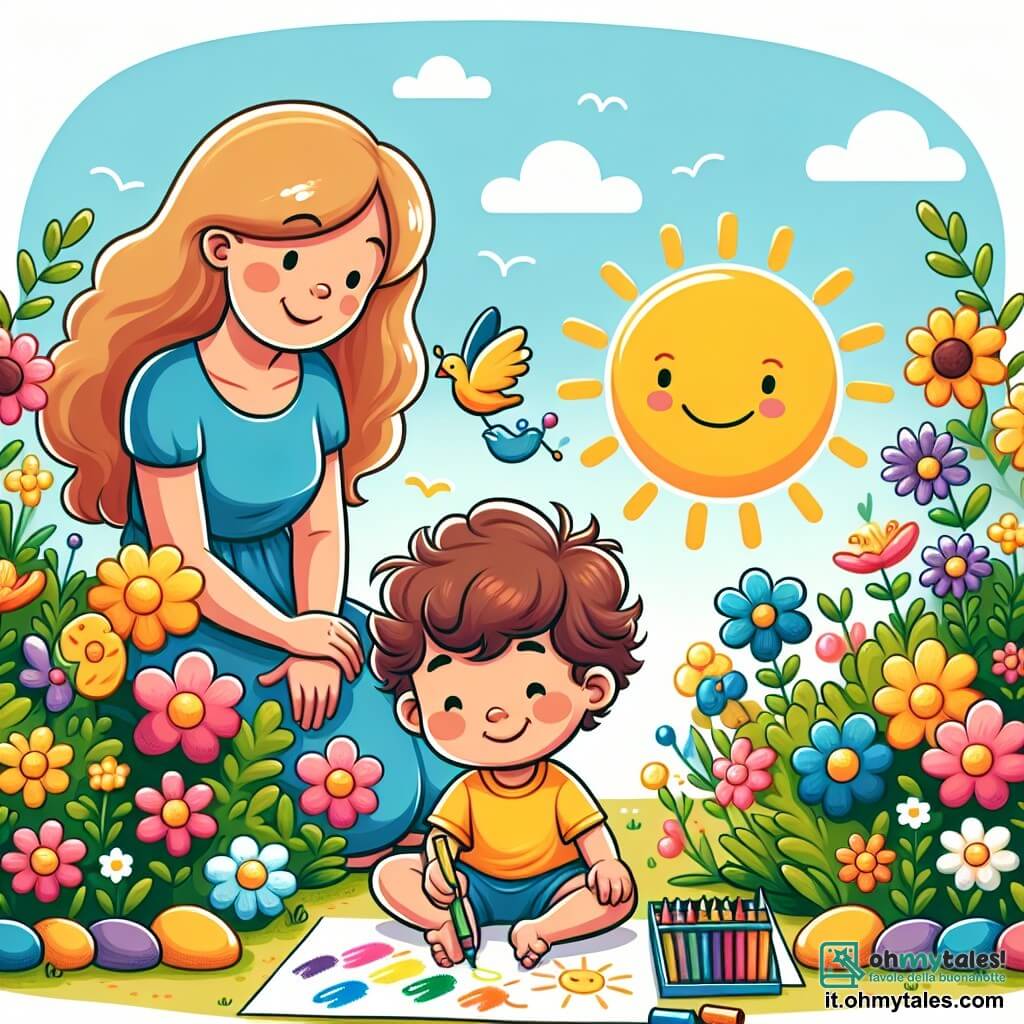 Une illustration sous forme de dessin destinée aux enfants représentant un jardin ensoleillé rempli de fleurs colorées, avec un garçon de deux ans aux cheveux bruns et bouclés, vêtu d'un t-shirt jaune et de shorts bleus, assis sur l'herbe en train de colorier un grand soleil avec des crayons, tandis que sa maman, une femme souriante aux cheveux longs et blonds, l'observe avec fierté, entourés de pierres colorées disposées en rangée, créant une atmosphère joyeuse et estivale.