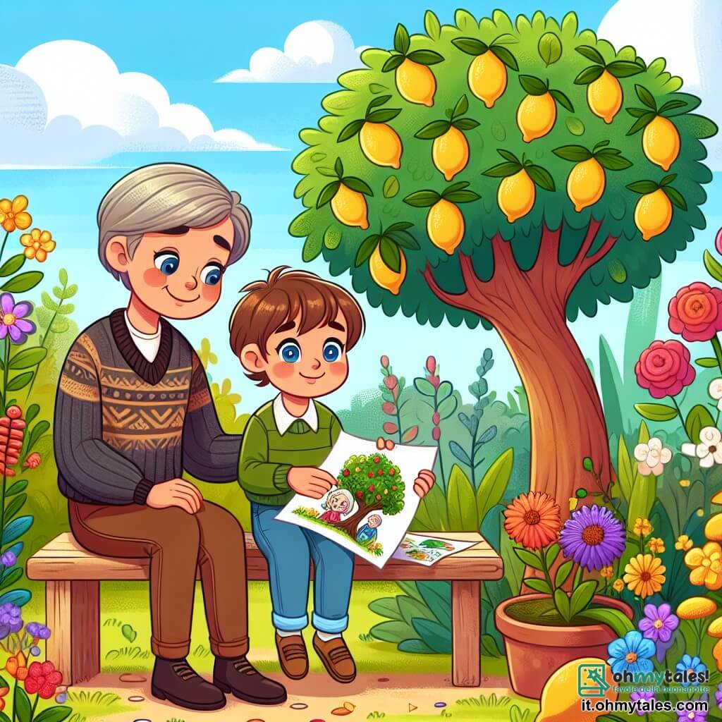 Une illustration sous forme de dessin destinée aux enfants représentant un jardin coloré, rempli de fleurs éclatantes et d'un grand arbre de limon, où un garçon de 7 ans aux cheveux bruns et aux yeux bleus, assis sur une vieille panchina en bois, tient un dessin d'un arbre avec sa grand-mère souriante en dessous, tandis qu'une vieille dame aux cheveux gris, vêtue d'un pull doux, les observe avec un sourire bienveillant, illustrant un moment de tendresse et de souvenir après la perte d'un être cher.