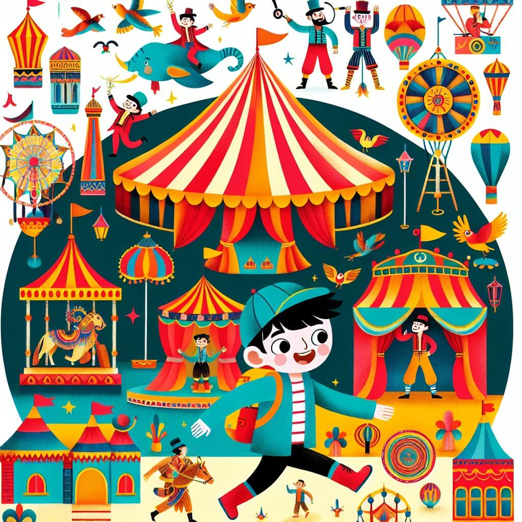 Une illustration destinée aux enfants représentant un jeune garçon intrépide, entouré de personnages colorés et joyeux, évoluant au sein d'un cirque magique rempli de chapiteaux colorés, de jongleurs, d'acrobates et d'animaux exotiques.