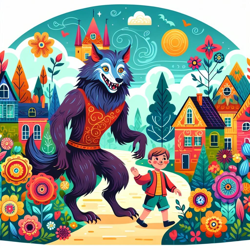 Une illustration destinée aux enfants représentant un loup-garou rigolo qui vit d'incroyables aventures avec un jeune garçon dans un village magique entouré de fleurs colorées et de maisons sorties tout droit d'un rêve.
