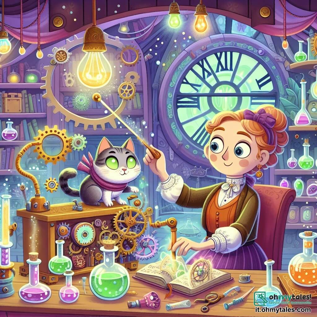 Une illustration destinée aux enfants représentant une femme ingénieuse et excentrique, inventant une machine à remonter le temps farfelue avec l'aide d'un chat malicieux, dans un laboratoire magique rempli de potions colorées et d'engrenages scintillants, situé au cœur d'une forêt enchantée.