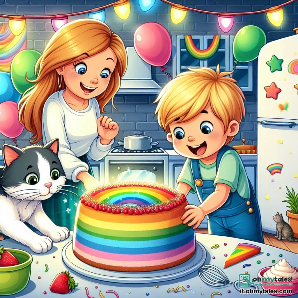 Une illustration destinée aux enfants représentant un garçon curieux et espiègle, découvrant une torta arc-en-ciel préparée par sa maman, avec la présence d'un chat malicieux, dans une cuisine lumineuse et colorée décorée de guirlandes et de ballons festifs.