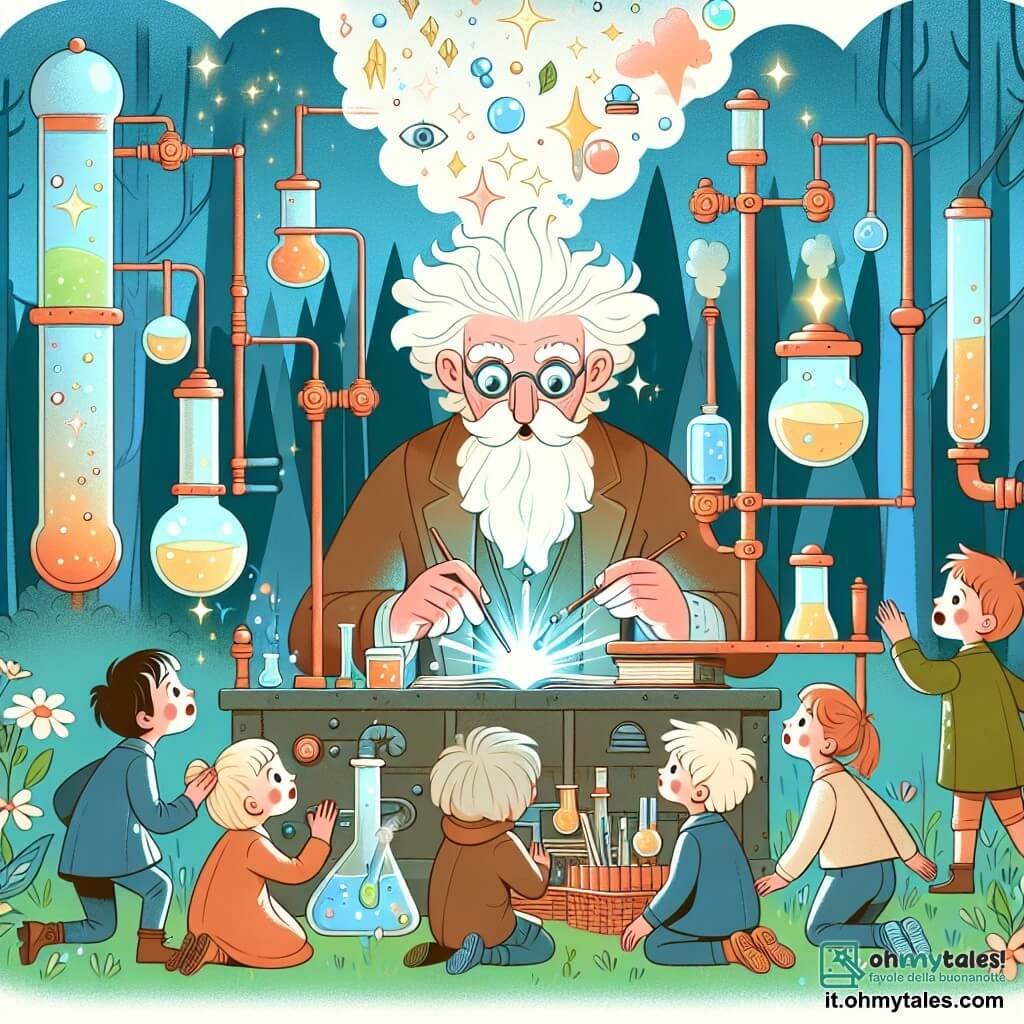 Une illustration destinée aux enfants représentant un inventeur excentrique aux cheveux blancs, entouré d'enfants émerveillés, dans son laboratoire rempli d'ingrédients scintillants et de machines fumantes, à la lisière d'une forêt enchantée.