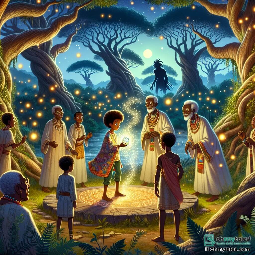 Illustrazione che rappresenta una radura incantata nel cuore di una foresta africana, illuminata dalla dolce luce della luna. Alberi maestosi con tronchi spessi e tortuosi circondano la scena, le cui foglie brillano come stelle. Al centro, un ragazzo di circa quattordici anni, con capelli crespi e occhi pieni di curiosità, è in piedi, tenendo un amuleto scintillante tra le mani. Indossa una tunica colorata con motivi tradizionali, e il suo viso esprime meraviglia e determinazione. Accanto a lui, un gruppo di anziani del villaggio, tre uomini di mezza età con volti segnati dal tempo, osserva con benevolenza. Indossano abiti di tessuto leggero e collane di perle colorate, i loro occhi pieni di saggezza e orgoglio. La scena principale mostra il ragazzo che scopre l'amuleto magico su un antico altare di pietra, mentre gli antenati, sotto forma di spiriti luminosi, sembrano incoraggiarlo ad abbracciare il suo destino. Lucciole danzano intorno a loro, aggiungendo un tocco di magia all'atmosfera. Sullo sfondo, si delinea la silhouette di una creatura oscura, simbolo delle sfide future.
