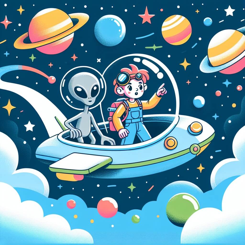 Une illustration destinée aux enfants représentant une femme intrépide et curieuse, voyageant dans l'espace à bord d'un vaisseau futuriste, accompagnée d'une mystérieuse créature extraterrestre, au milieu d'un ciel étoilé parsemé de planètes colorées et lumineuses.