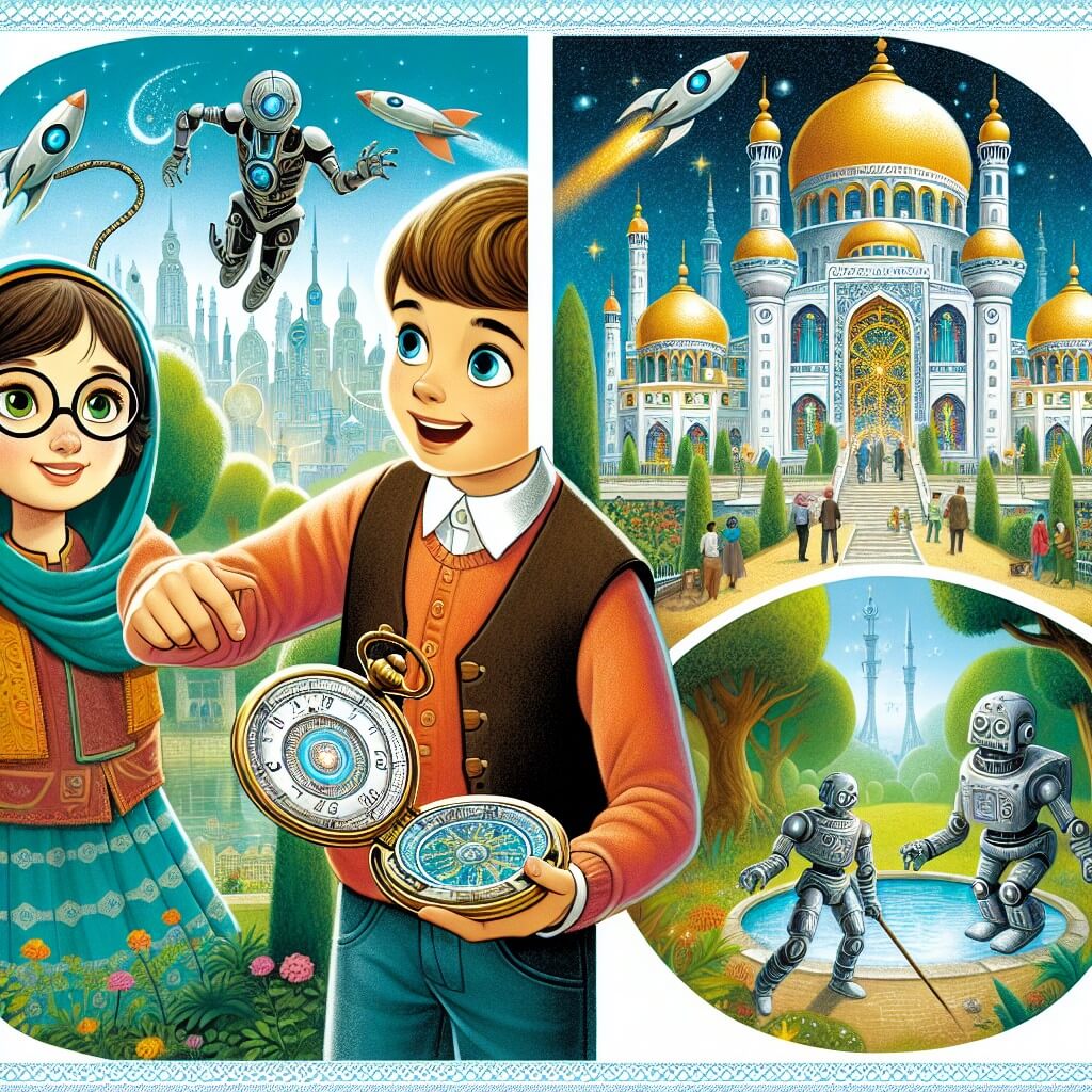 Une illustration destinée aux enfants représentant un jeune garçon curieux, tenant un mystérieux orologio da tasca, découvrant un bouton caché qui l'envoie dans un monde futuriste rempli de robots, de voitures volantes et d'édifices scintillants, en compagnie d'une jeune fille intelligente nommée Sofia, dans un parc verdoyant avec des arbres majestueux et des fontaines étincelantes.