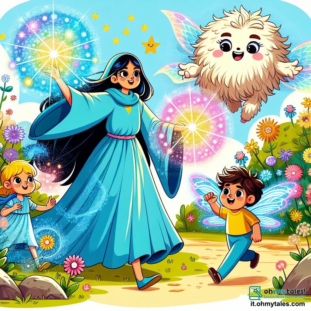 Une illustration sous forme de dessin destinée aux enfants représentant un jardin magique de la Casa dei Supereroi, avec des fleurs colorées dansant au vent et un ciel ensoleillé, où une femme forte aux longs cheveux noirs et aux yeux brillants, vêtue d'une robe bleue et d'un manteau flottant, utilise ses pouvoirs pour créer des lumières colorées, tandis qu'un garçon aux cheveux jaunes, rapide comme l'éclair, court autour d'elle, et une fille souriante aux ailes translucides vole au-dessus, tous deux prêts à aider un grand monstre pelucheux, triste et craintif, qui émerge timidement derrière une grande rocher, illustrant l'importance de l'amitié et de l'acceptation.